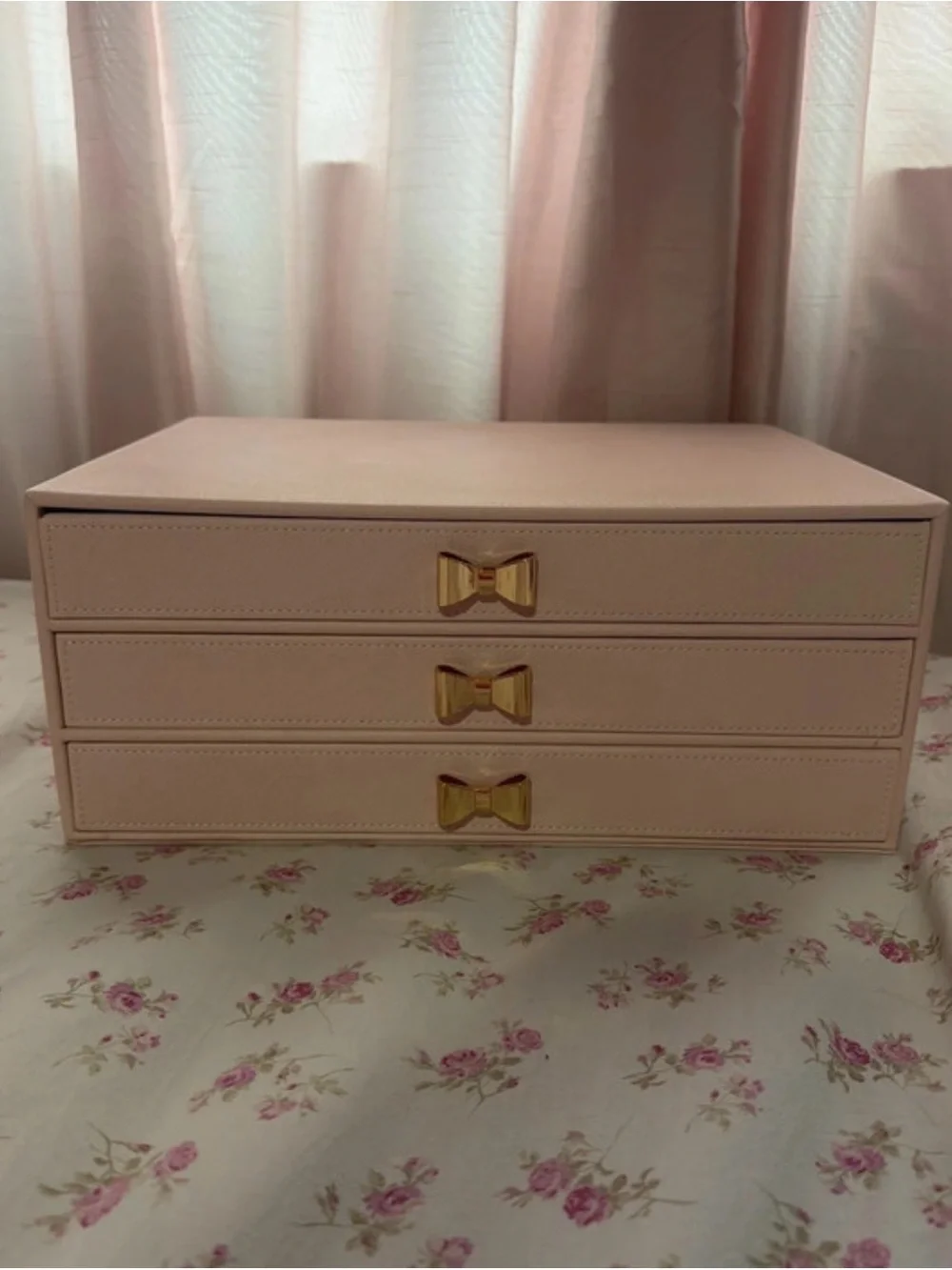 Soft Pink 3-Drawer Jewelry Organizer with Gold Bow Pulls